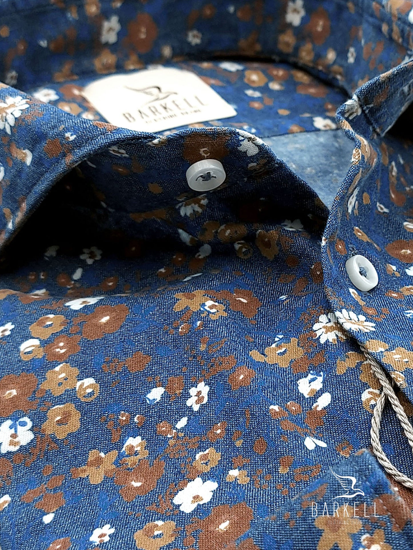 Camicia in Jeans Fantasia Fiorata Coloniale Fondo Stone Denim Collo Francese Cutaway
