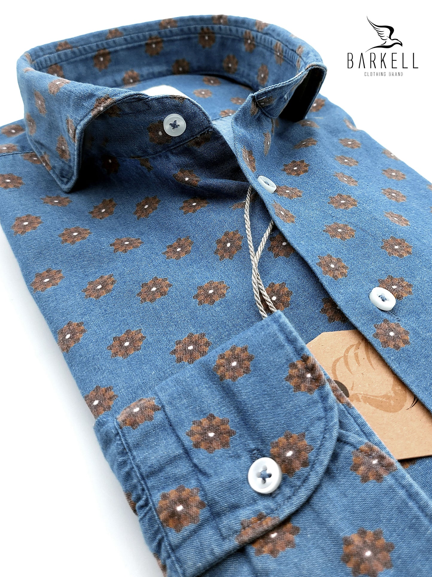 Camicia in Jeans Fantasia Fiorata Marrone Fondo Stone Denim Collo Francese Cutaway