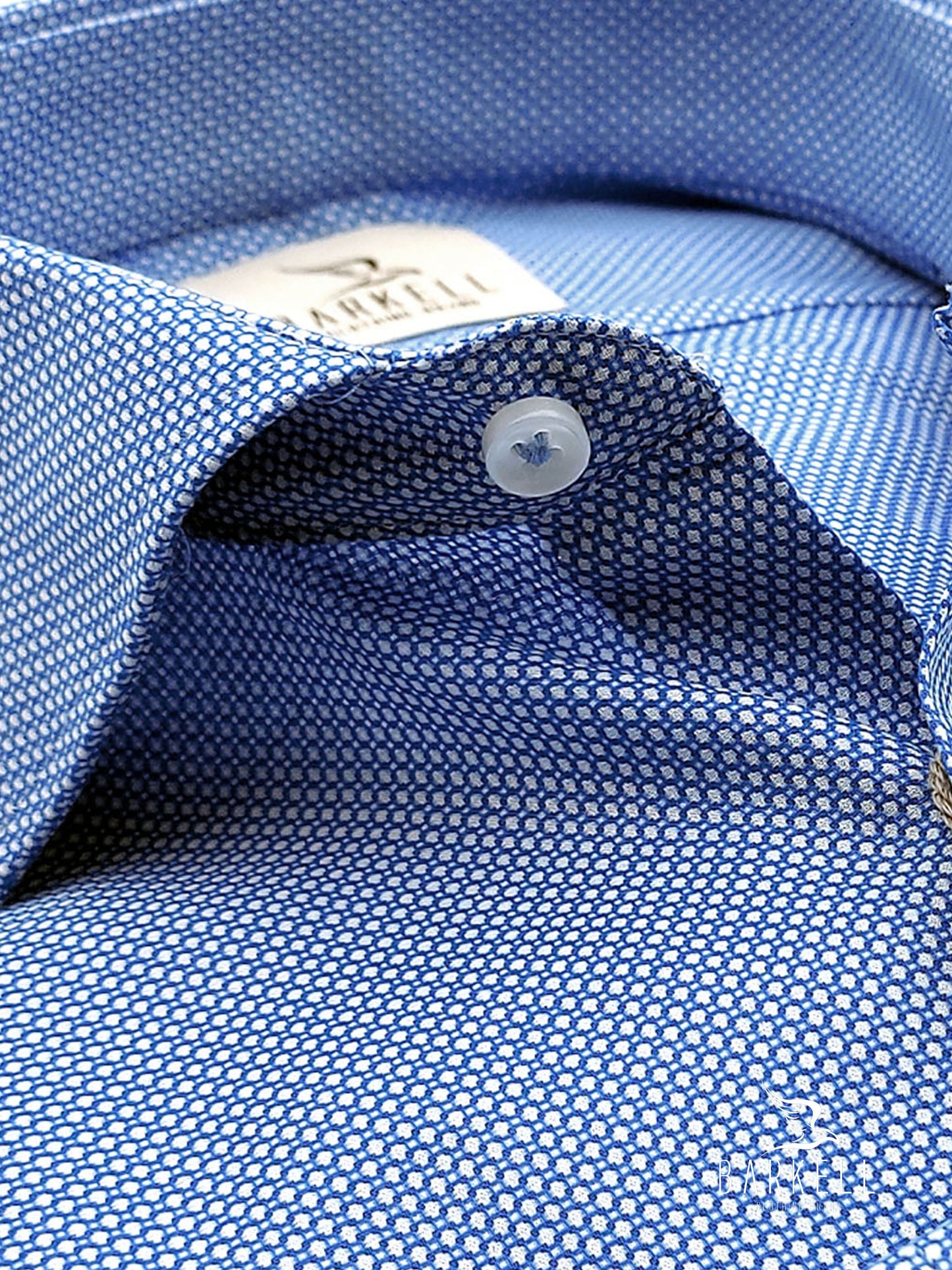 Camicia in Cotone Microfantasia Geometrica Bianca e Azzurra Collo Francese