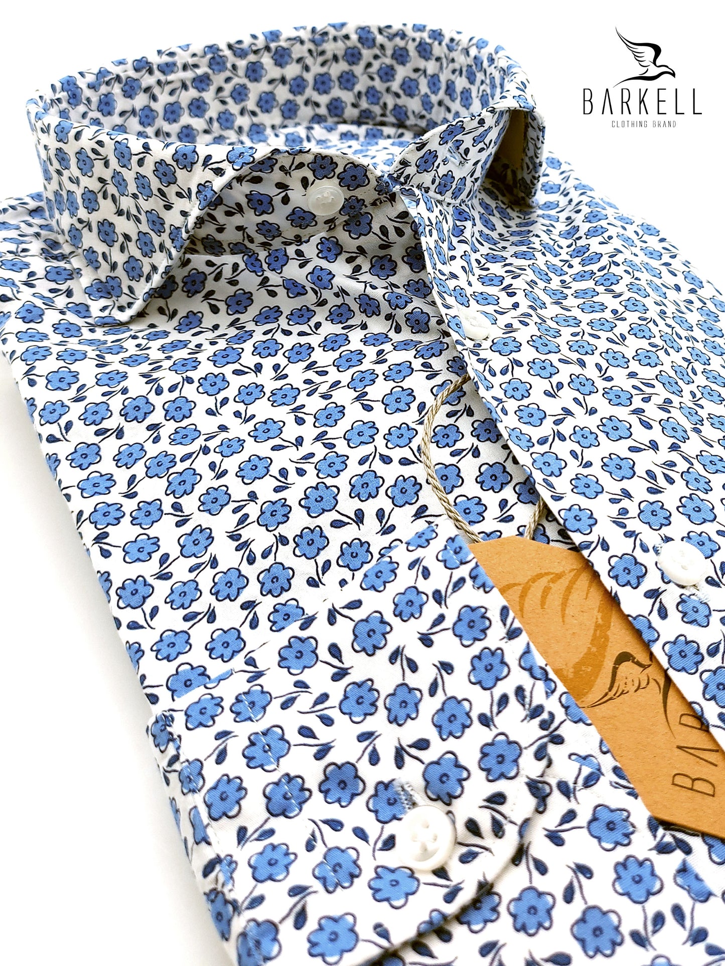 Camicia in Cotone Fantasia Fiorata Azzurra Fondo Bianco Collo Francese Cutaway