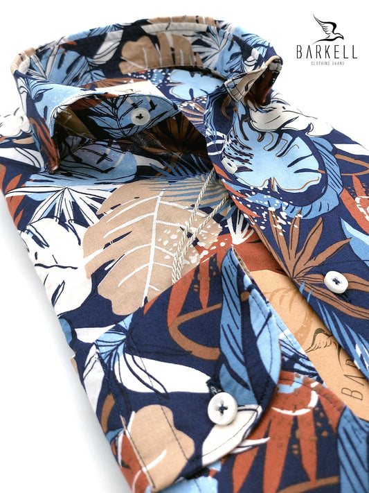Camicia in Cotone Fantasia Palme Multicolore Fondo Blu Collo Francese Cutaway