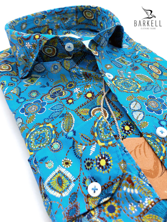 Camicia in Cotone Fantasia Paisley Multicolore Fondo Turchese Collo Francese Cutaway