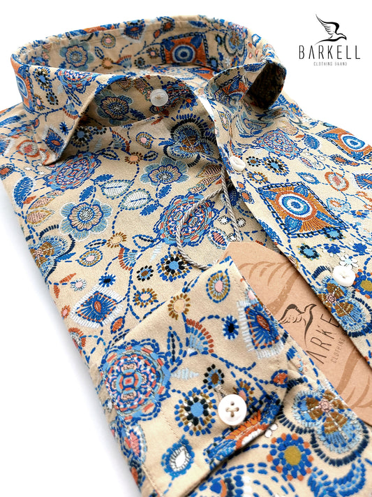 Camicia in Cotone Fantasia Paisley Multicolore Fondo Sabbia Collo Francese Cutaway