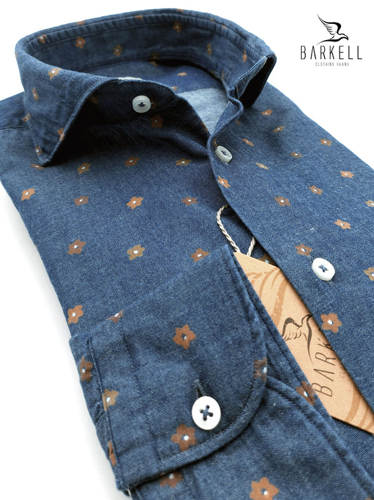 Camicia in Jeans Fantasia Fiori Coloniali Fondo Blu Denim Collo Francese Cutaway
