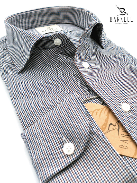 Camicia in Cotone Microfantasia Pied de Poule Blu e Marrone Collo Francese