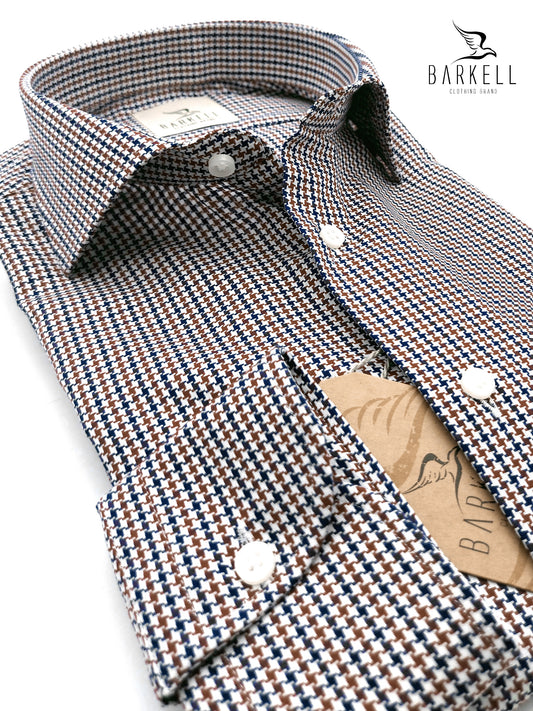Camicia in Cotone Fantasia Pied de Poule Blu e Marrone Collo Francese