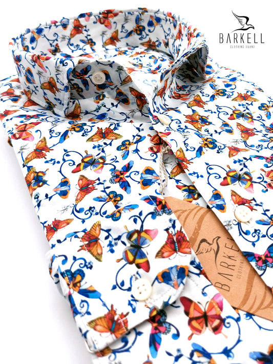 Camicia in Cotone Fantasia Farfalle Multicolore Fondo Bianco Collo Francese Spread