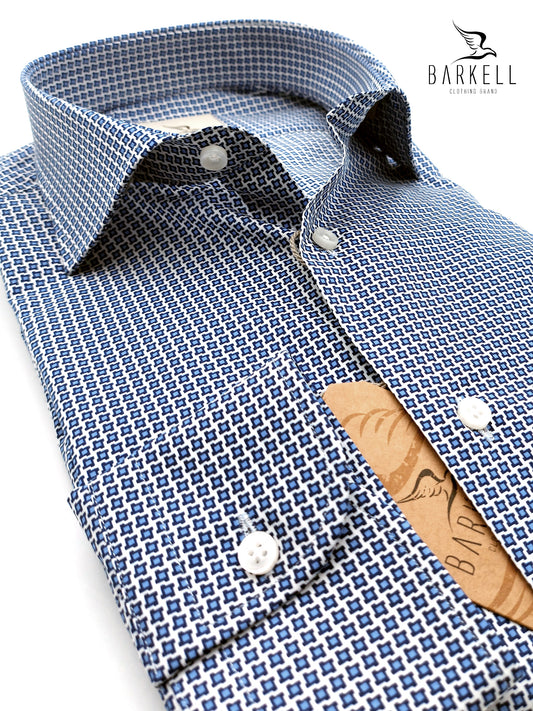 Camicia in Cotone Fantasia Pied de Poule Blu e Azzurro Fondo Bianco Collo Francese