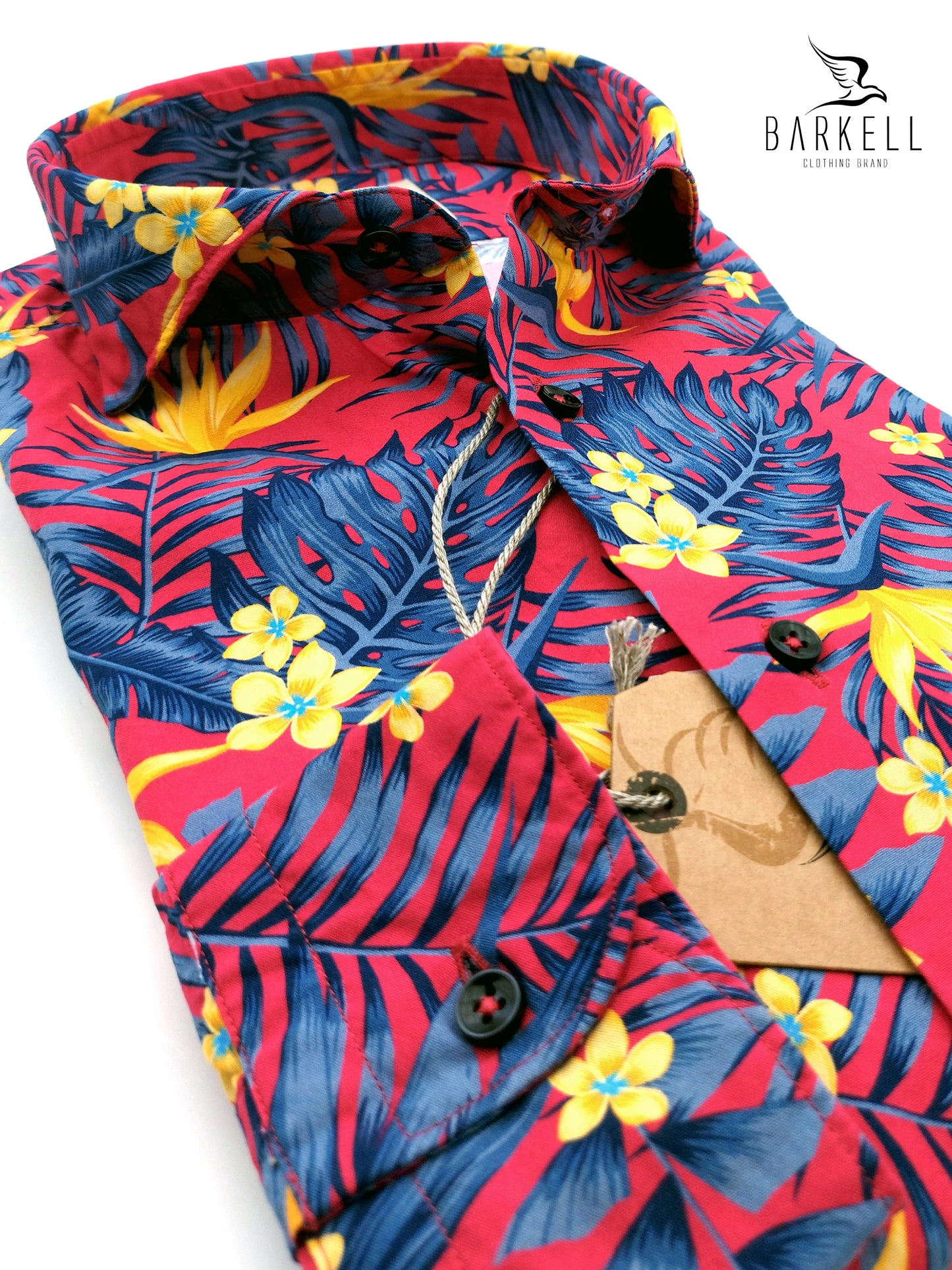 Camicia in Misto Cotone Fantasia Foglie Tropicali Multicolore Fondo Fuxia Collo Francese Cutaway