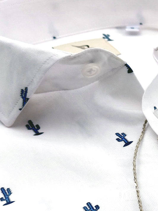 Camicia in Cotone Oxford Pinpoint Fantasia Cactus Blu Fondo Bianco Collo Francese Spread