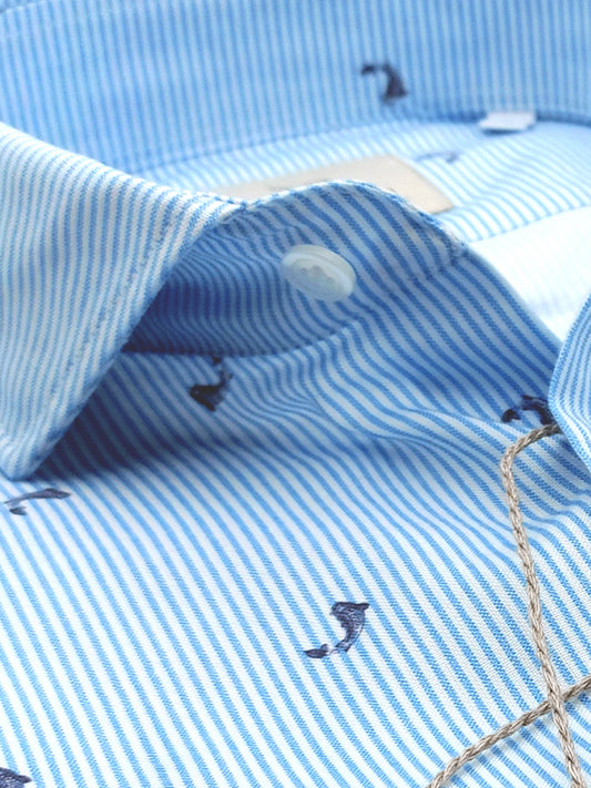 Camicia in Cotone Oxford Pinpoint Fantasia Riga e Balena Fondo Bianco Collo Francese Spread