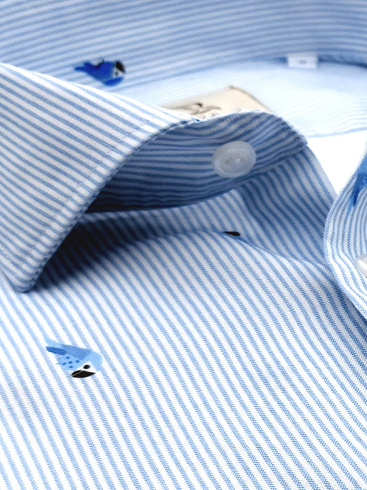 Camicia in Cotone Oxford Pinpoint Fantasia Riga e Pappagallo Fondo Bianco Collo Francese Spread