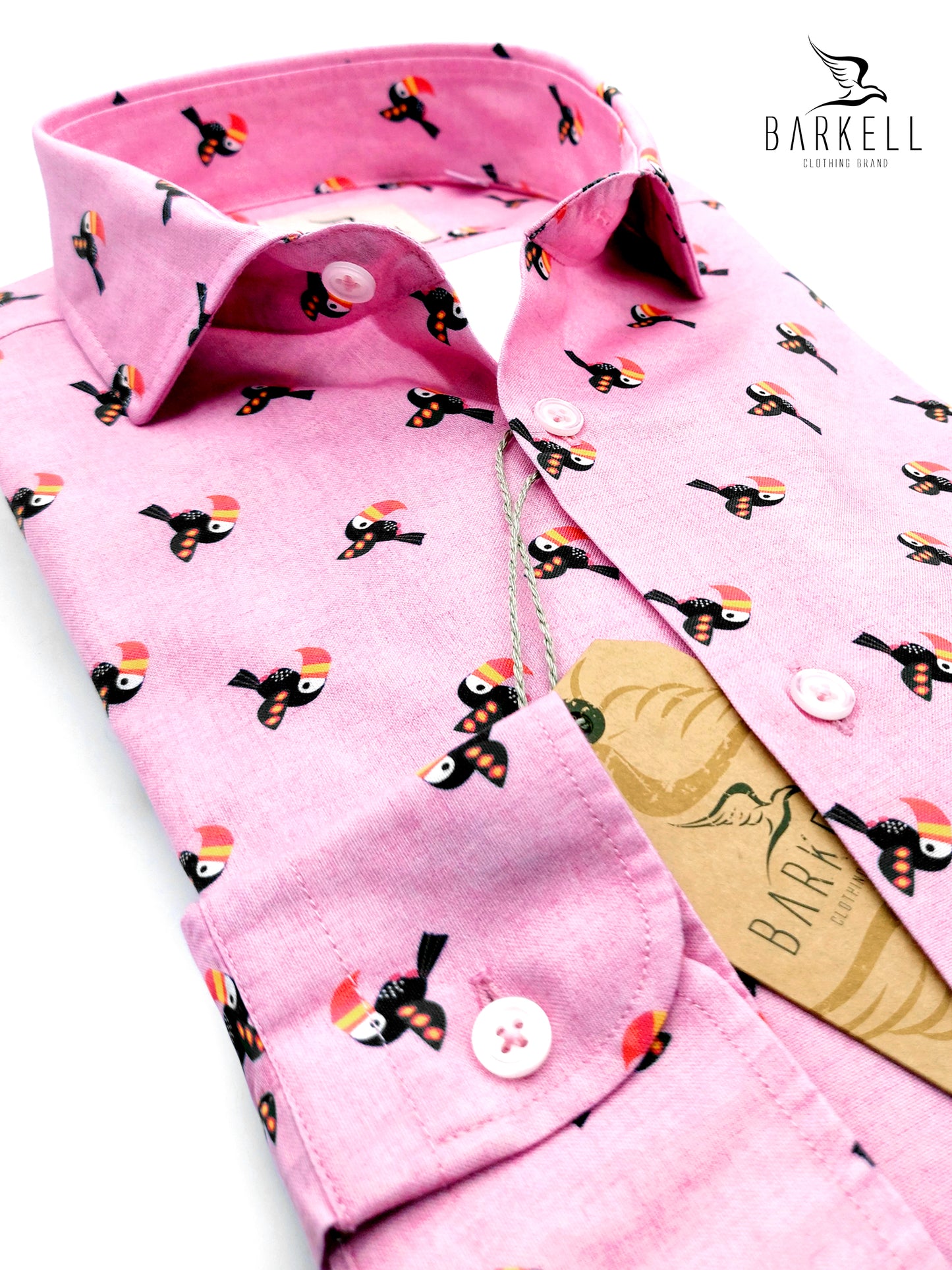Camicia in Cotone Oxford Pinpoint Fantasia Tucano Multicolor Fondo Rosa Pink Collo Francese Spread