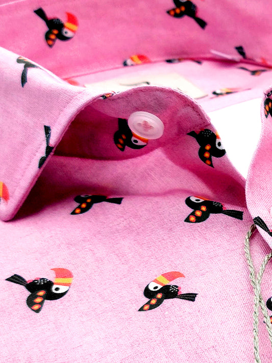 Camicia in Cotone Oxford Pinpoint Fantasia Tucano Multicolor Fondo Rosa Pink Collo Francese Spread
