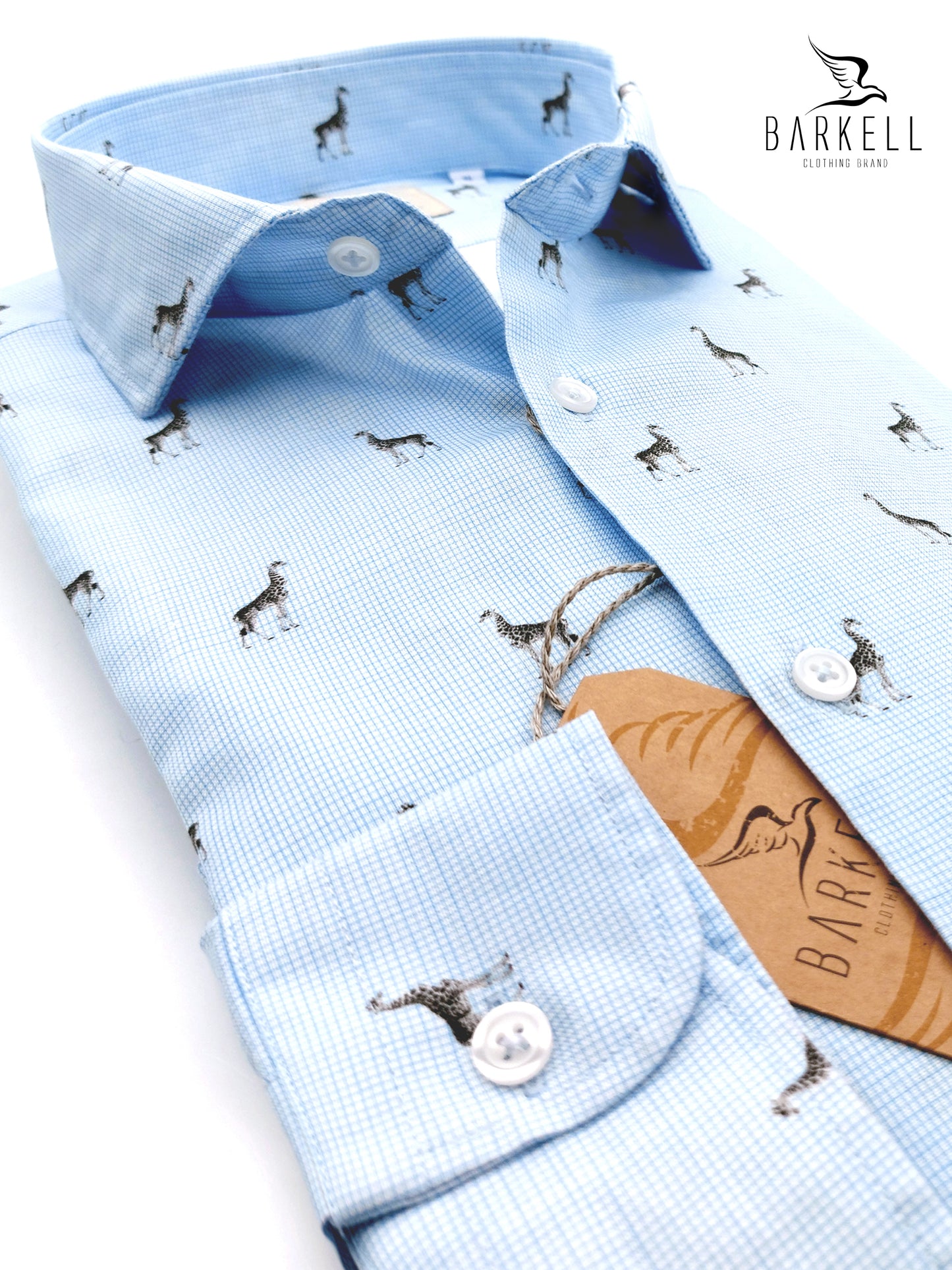Camicia in Cotone Oxford Pinpoint Fantasia Quadretto e Giraffa Fondo Celeste Collo Francese Spread