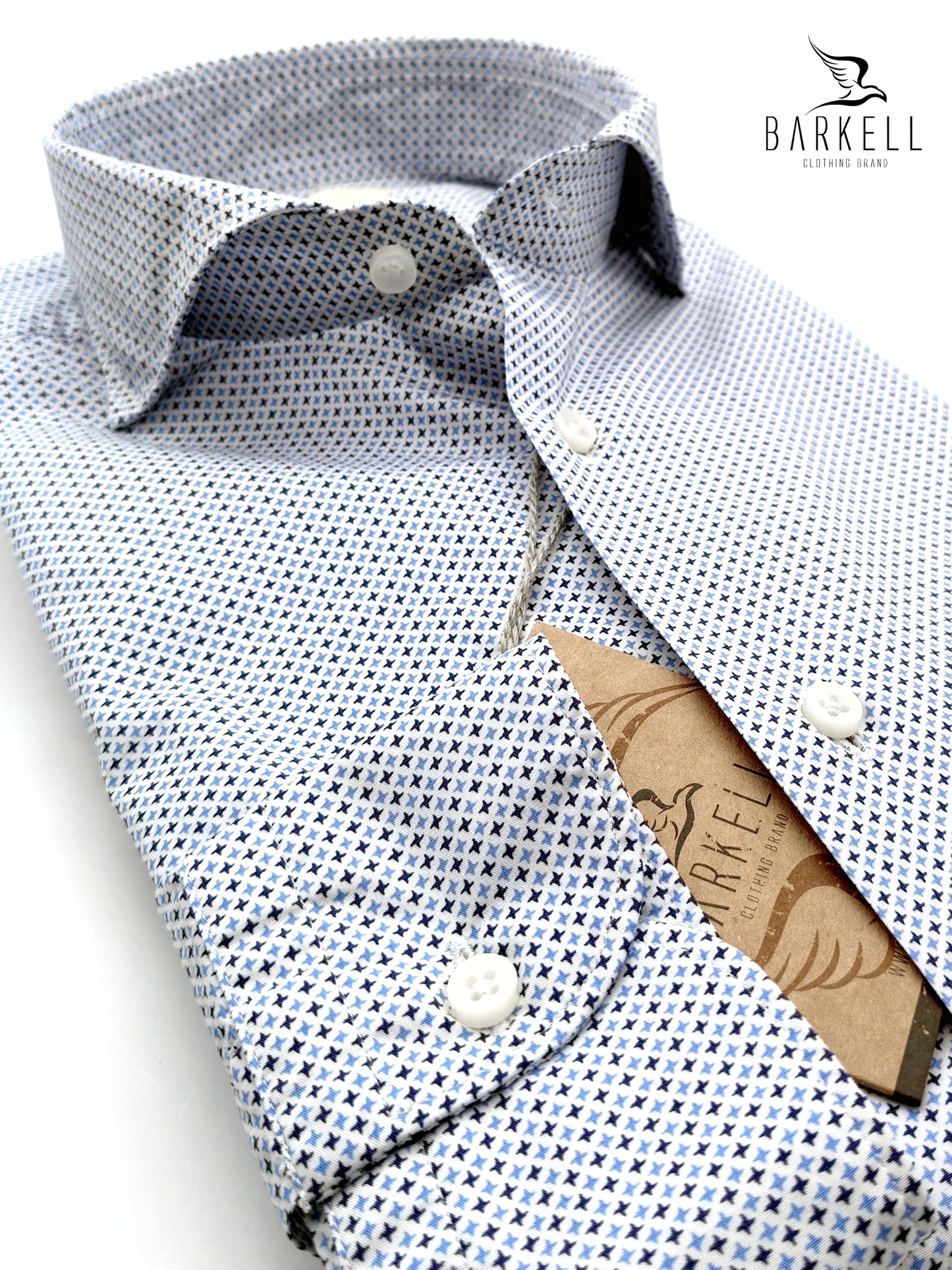 Camicia in Cotone Fantasia Stelline Celesti e Blu Fondo Bianco Collo Francese Cutaway