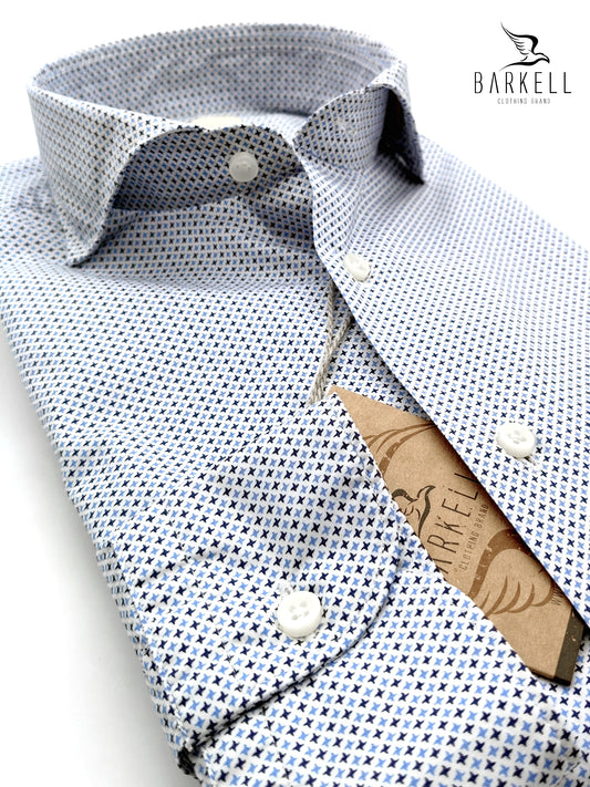 Camicia in Cotone Fantasia Stelline Celesti e Blu Fondo Bianco Collo Francese Cutaway