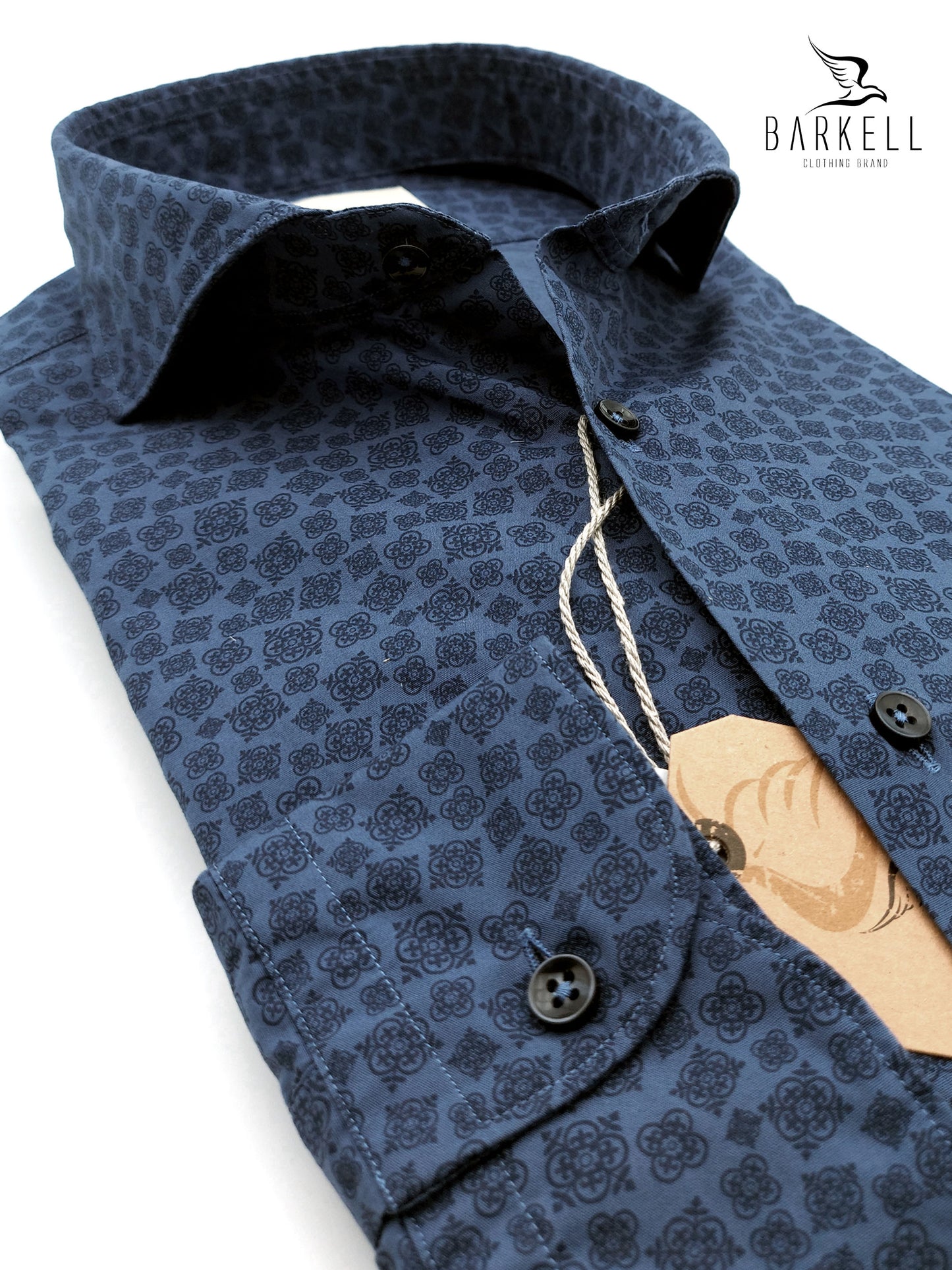 Camisa de algodón con estampado geométrico azul Parte inferior índigo Cuello italiano