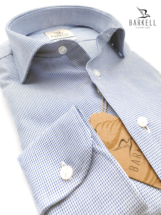 Camicia in Cotone Doppio Ritorto Fantasia Geometrica Blu Fondo Bianco Collo Francese