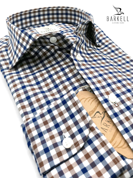 Camicia in Cotone Quadro Blu e Marrone Collo Francese