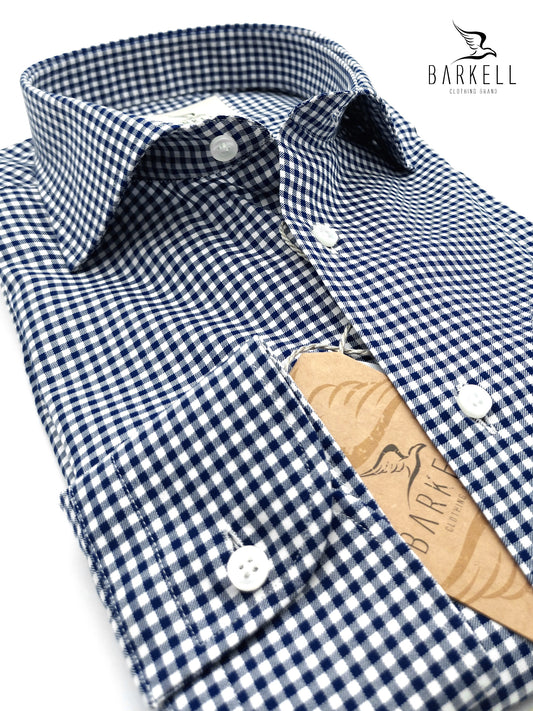 Camicia in Cotone Quadretto Blu e Bianco Collo Francese