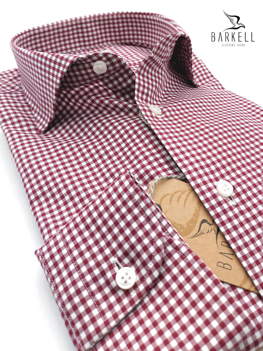 Camicia in Cotone Quadretto Rosso e Bianco Collo Francese