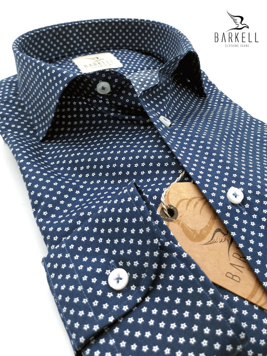 Camicia in Cotone Fantasia Fiorellino bianco Fondo Blu Collo Francese