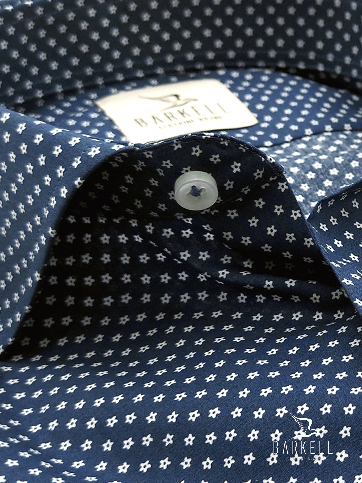 Camicia in Cotone Fantasia Fiorellino bianco Fondo Blu Collo Francese