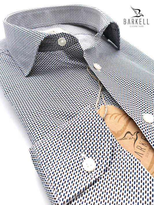 Camicia in Cotone Fantasia Geometrica Marrone  e Blu Fondo Bianco Collo Francese