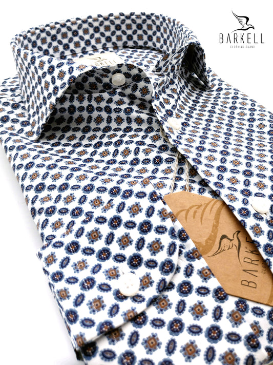 Camicia in Cotone Fantasia Geometrica Multicolore Fondo Bianco Collo Francese