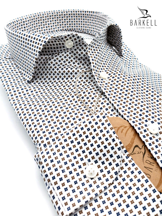 Camicia in Cotone Fantasia Geometrica Blu e Marrone Fondo Bianco Collo Francese