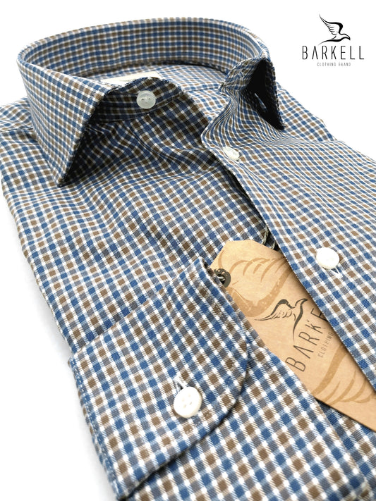 Camicia in Cotone Quadretto Avio e Nocciola Collo Francese