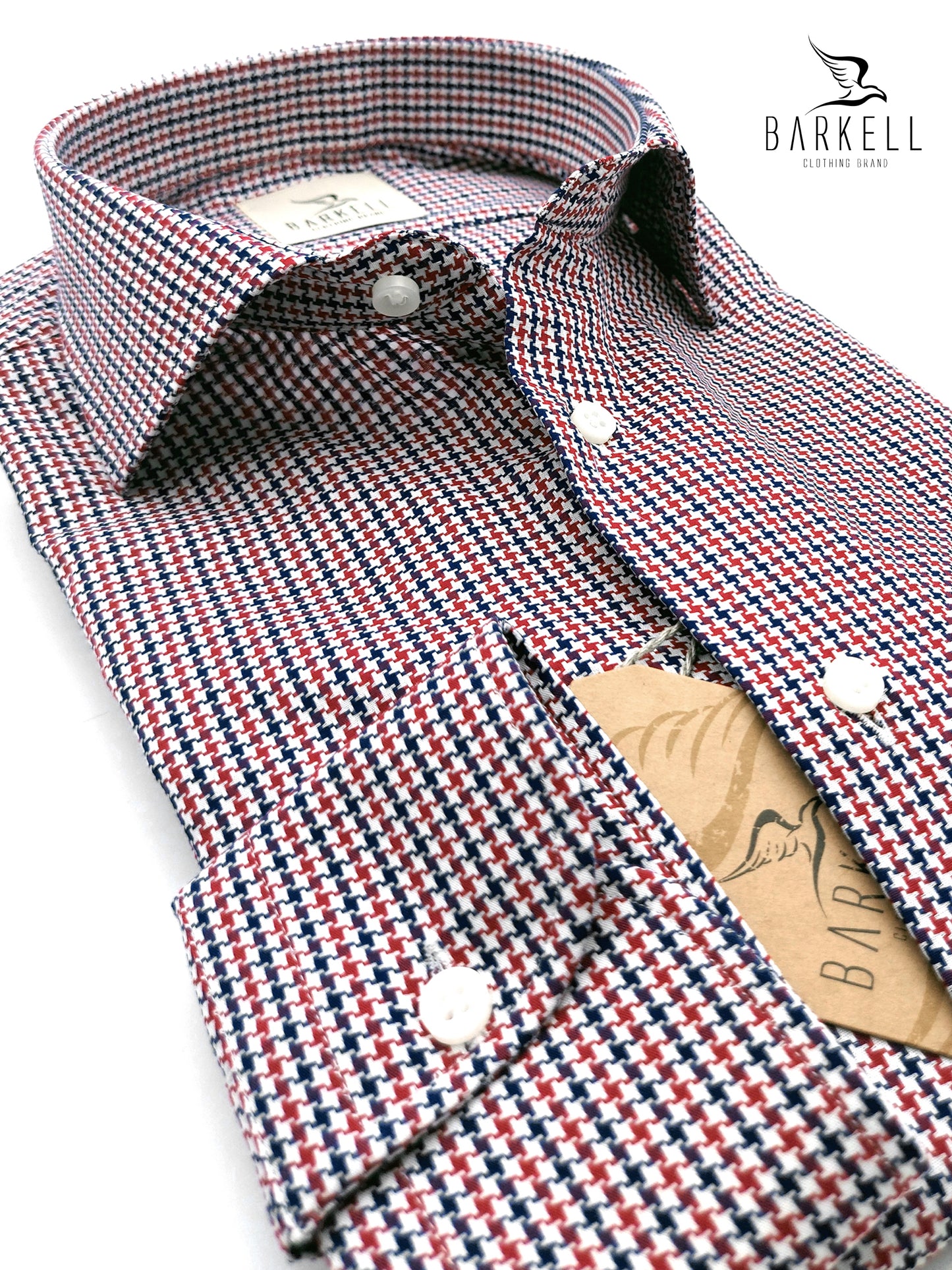 Camicia in Cotone Fantasia Pied de Poule Blu e Rosso Collo Francese