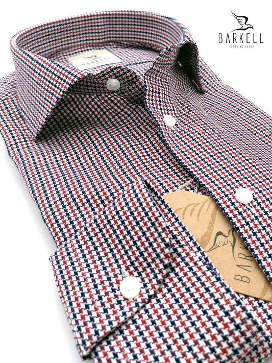 Camicia in Cotone Fantasia Pied de Poule Blu e Rosso Collo Francese