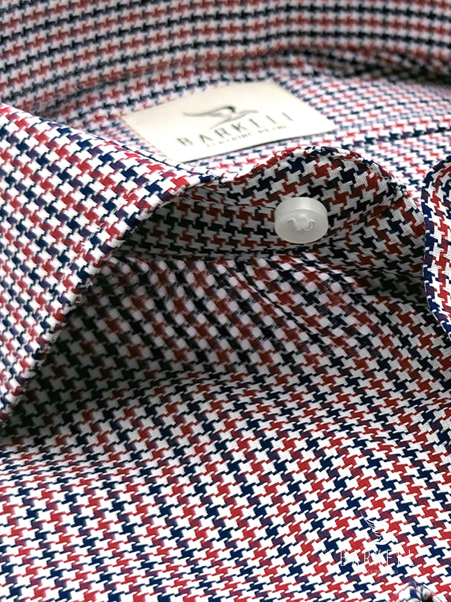 Camicia in Cotone Fantasia Pied de Poule Blu e Rosso Collo Francese