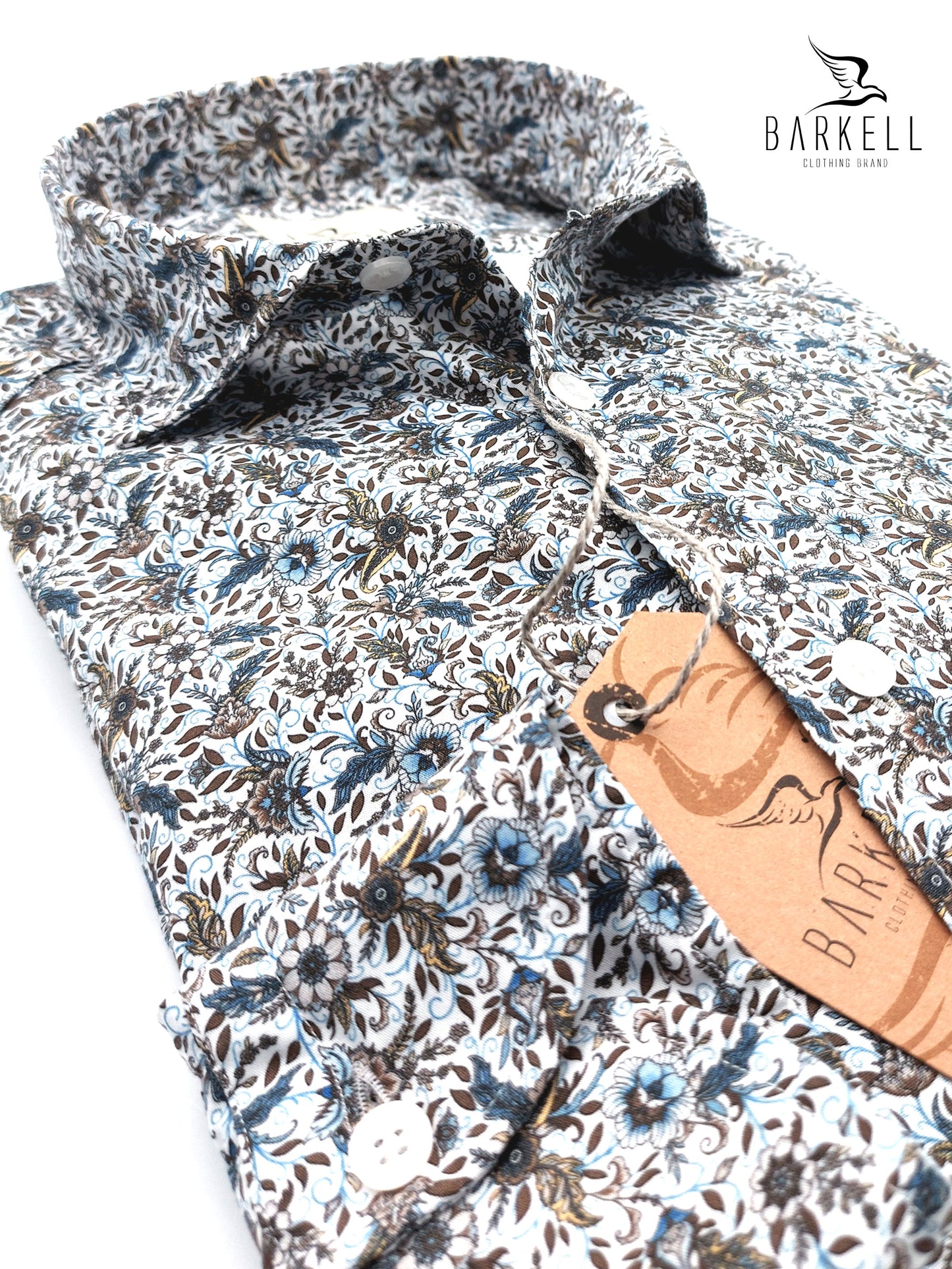 Camicia in Cotone Fantasia Floreale Coloniale Fondo Bianco Collo Francese Piccolo