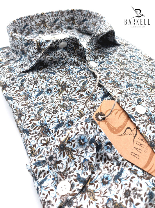 Camicia in Cotone Fantasia Floreale Coloniale Fondo Bianco Collo Francese Piccolo