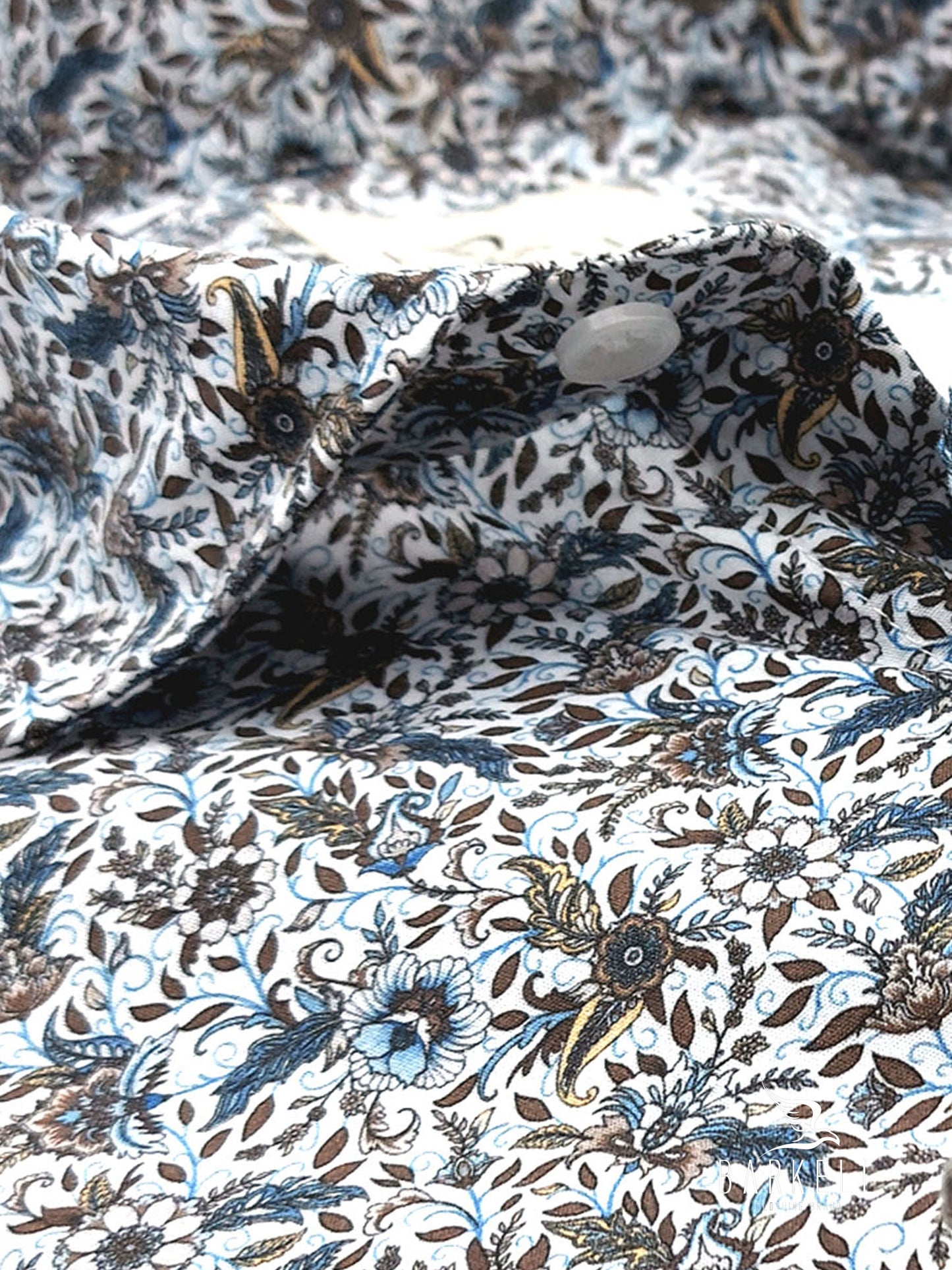 Camicia in Cotone Fantasia Floreale Coloniale Fondo Bianco Collo Francese Piccolo