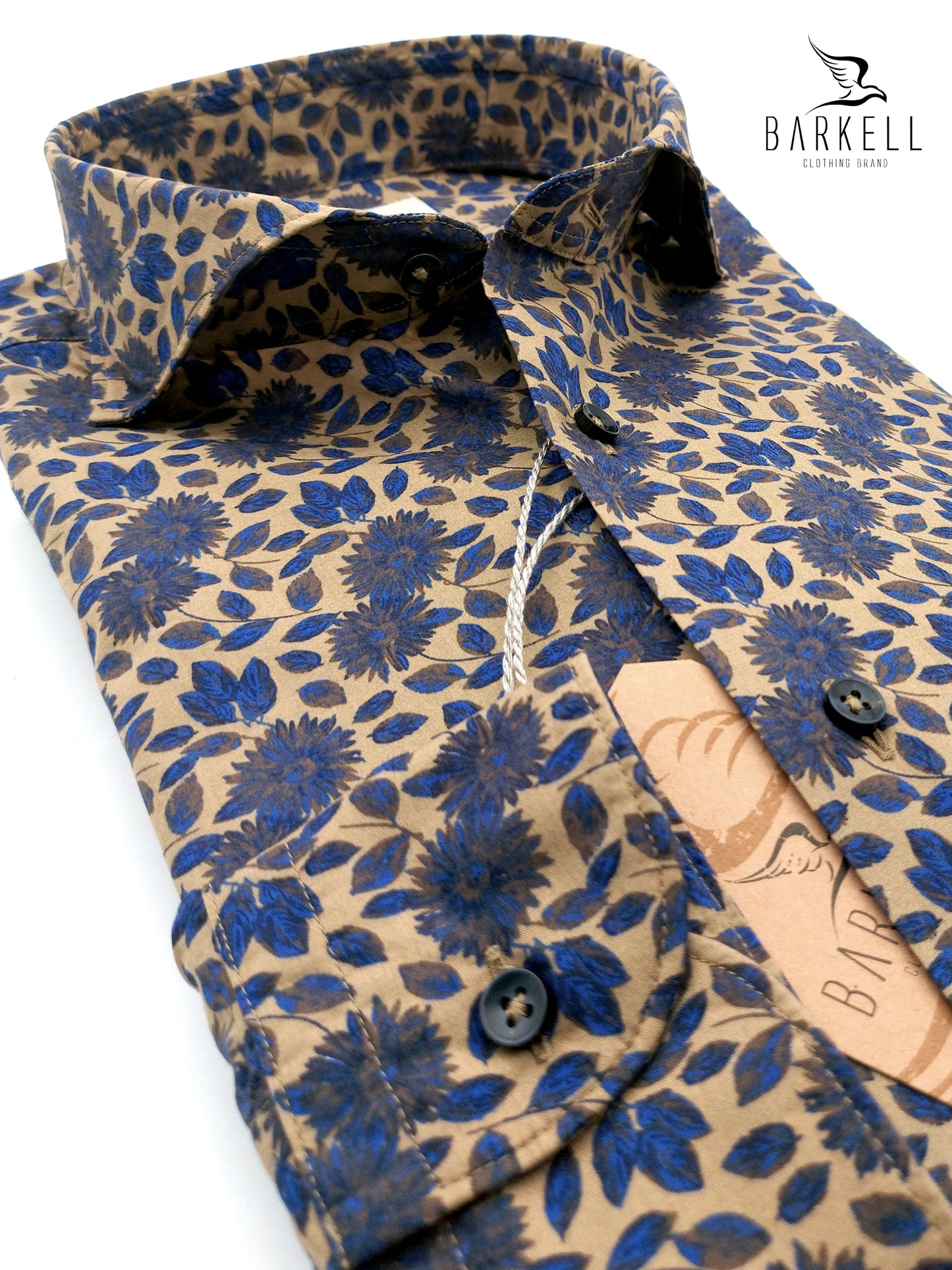 Camicia in Cotone Fantasia Floreale Multicolore Fondo Tabacco Collo Francese Cutaway