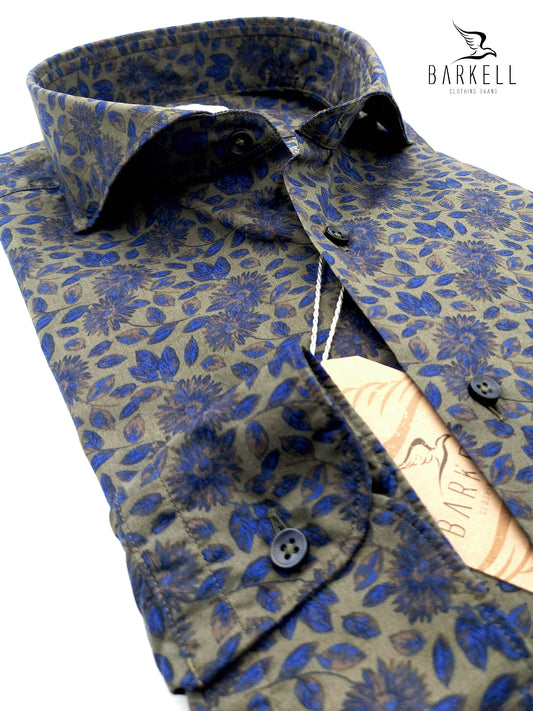Camicia in Cotone Fantasia Floreale Multicolore Fondo Verde Collo Francese Cutaway