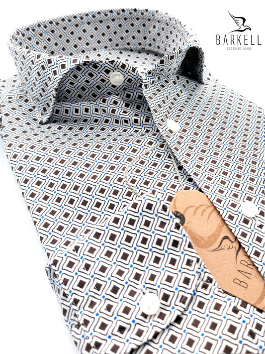 Camicia in Cotone Fantasia Geometrica Multicolore Fondo Bianco Collo Francese Cutaway