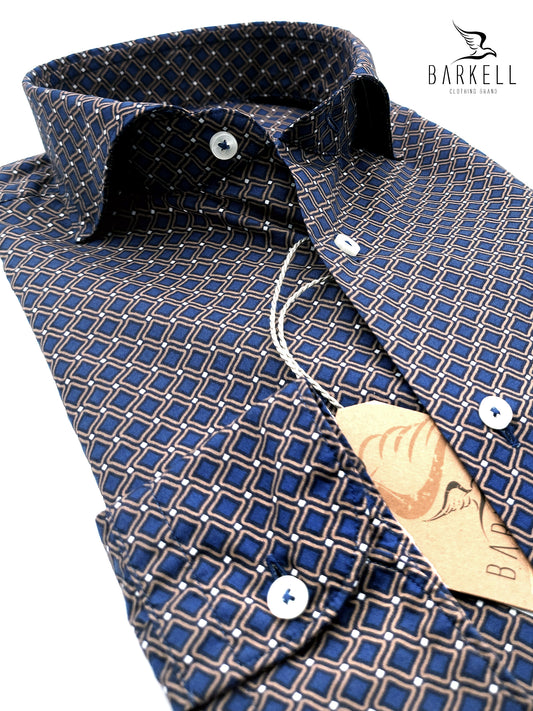 Camicia in Cotone Fantasia Geometrica Multicolore Fondo Blu Collo Francese Cutaway