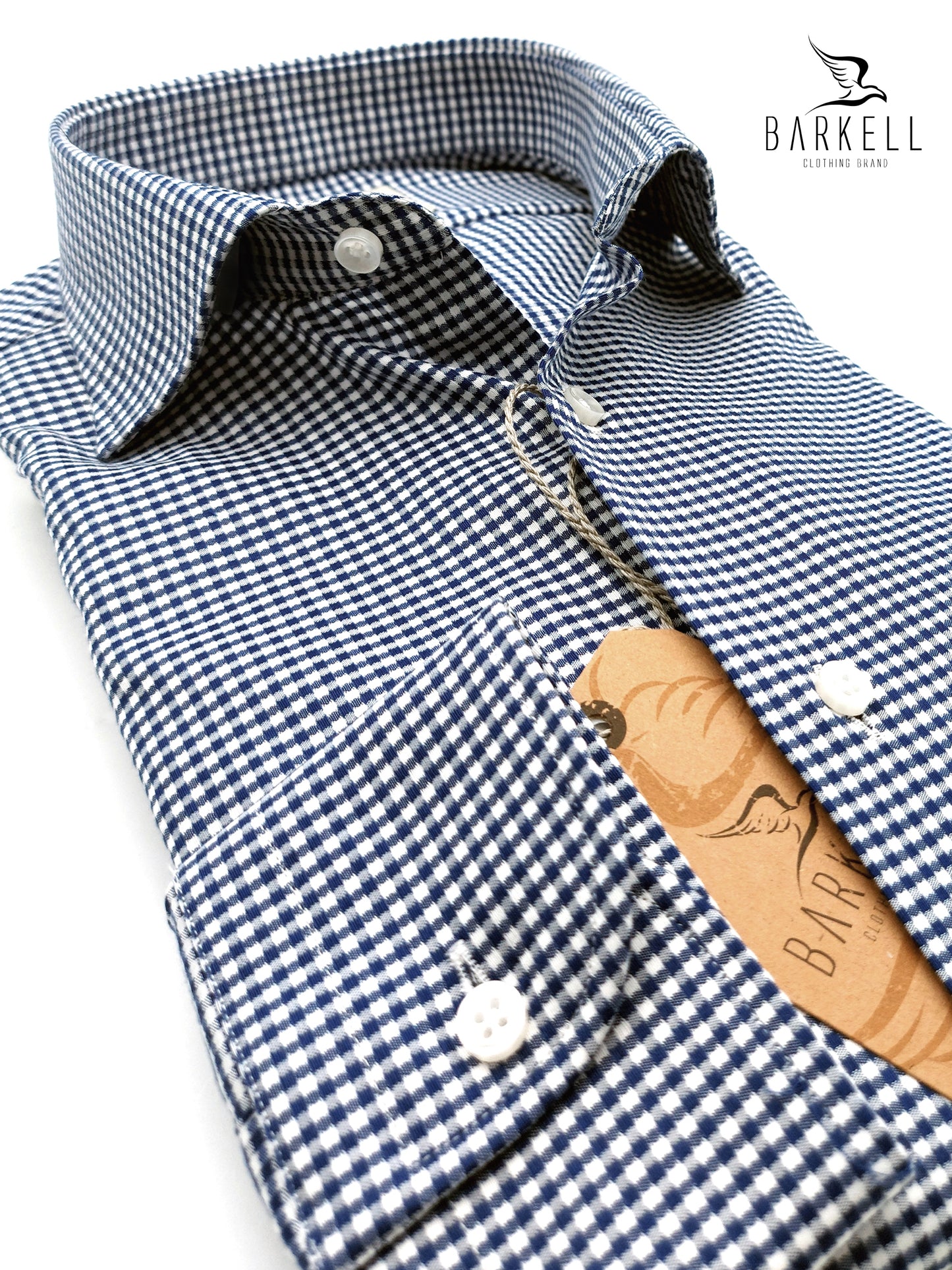 Camicia in Cotone Microfantasia Armaturata Bianca e Blu Collo Francese