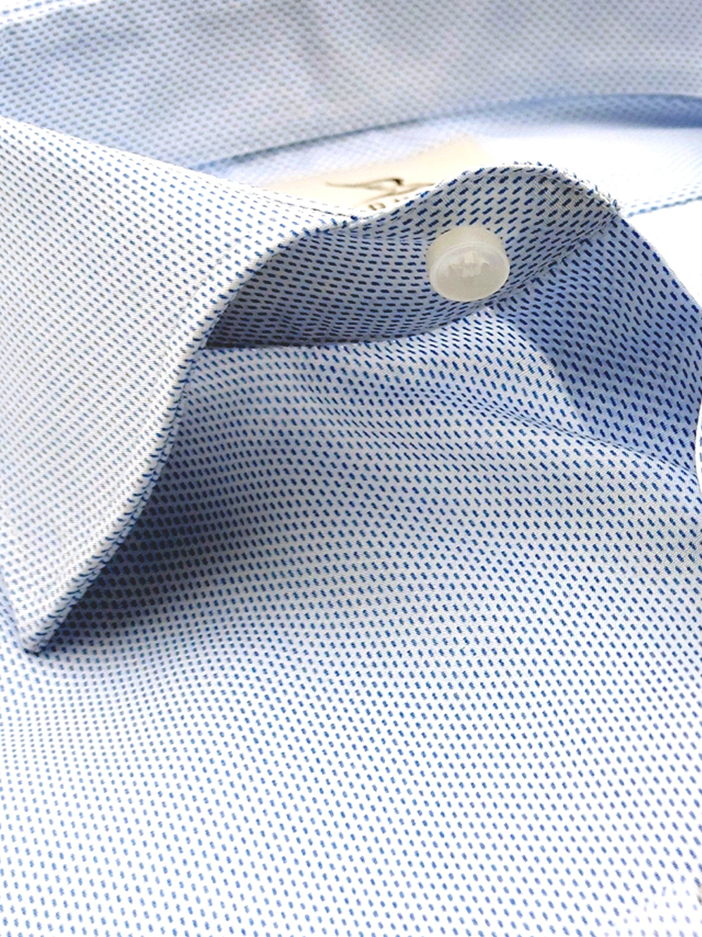 Camicia in Cotone No Stiro Microfantasia Tratto Blu Celeste Collo Francese