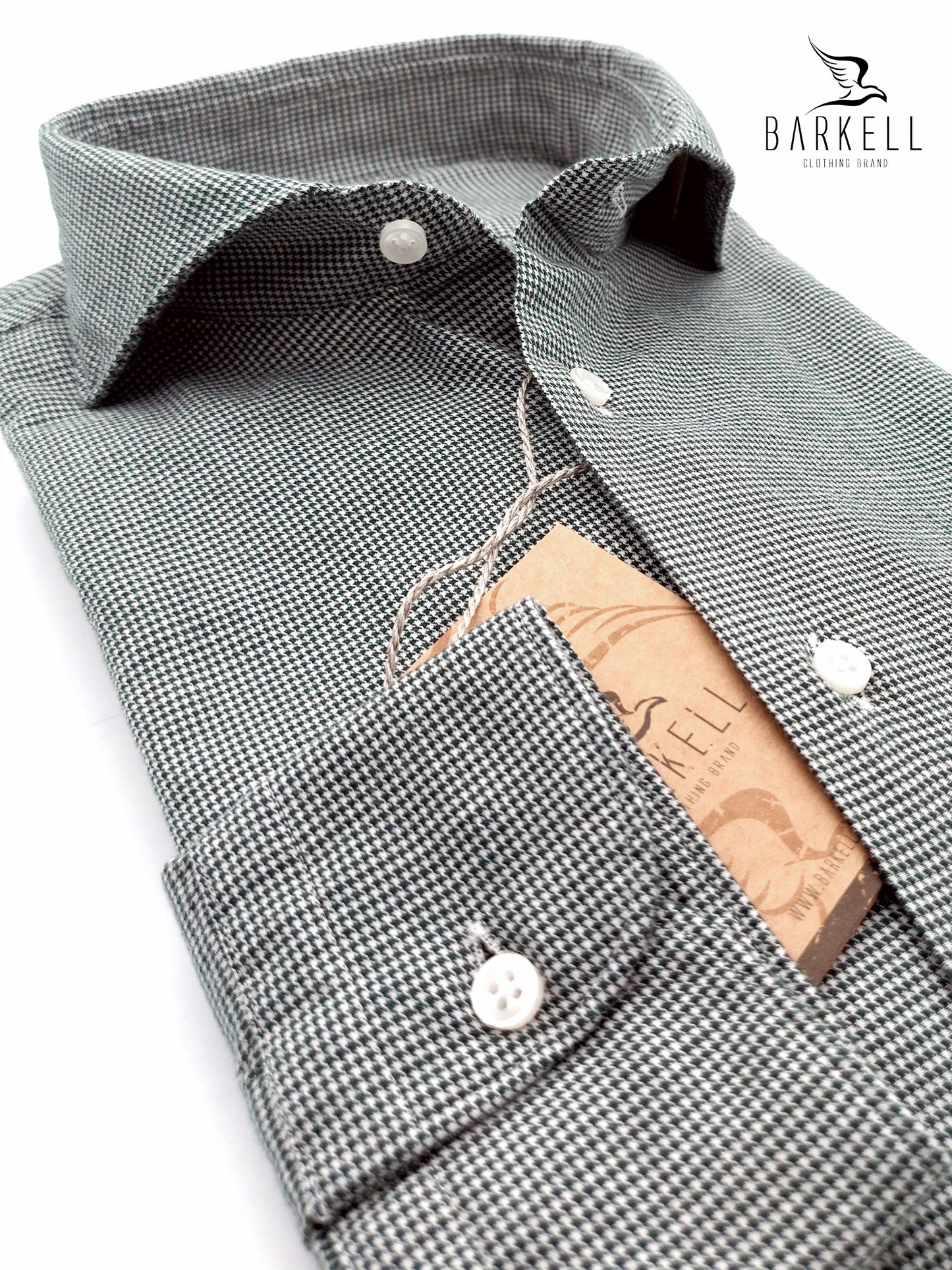 Camicia in Cotone Flanellato Microfantasia Pied de Poule Verde Fondo Bianco Collo Francese Cutaway