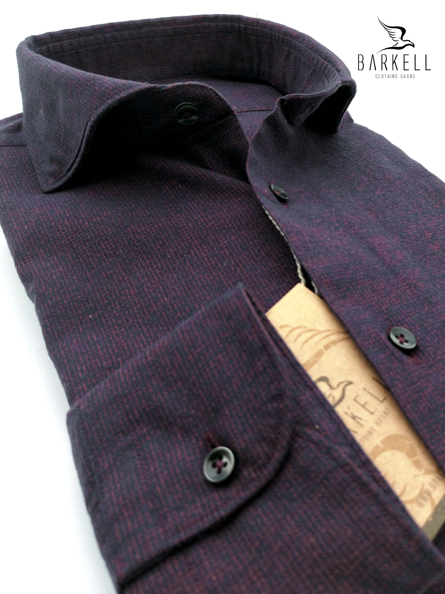 Camicia in Cotone Flanellato Microfantasia Pied de Poule Blu Fondo Melanzana Collo Francese Cutaway