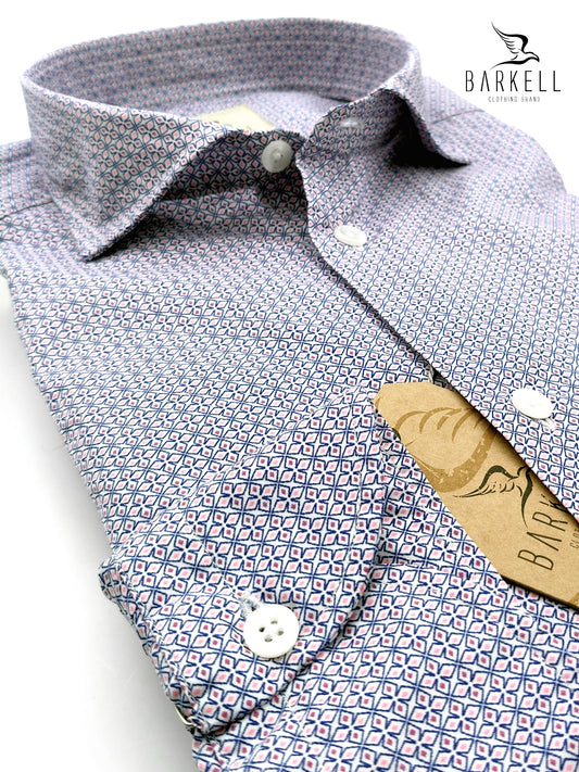 Camicia in Cotone Fantasia Geometrica Multicolore Fondo Bianco Collo Francese Piccolo