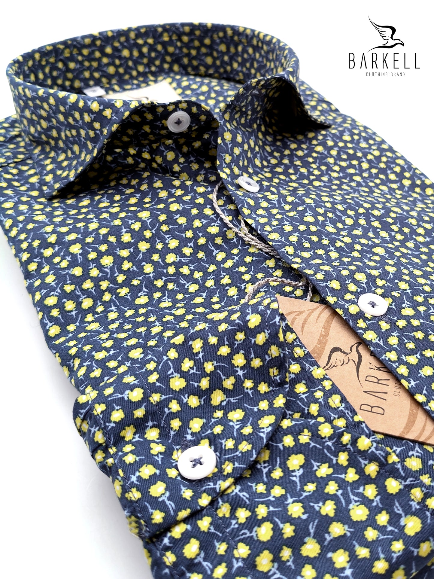 Camicia in Cotone Fantasia Fiorellini Celesti e Gialli Fondo Petrolio Collo Francese Piccolo