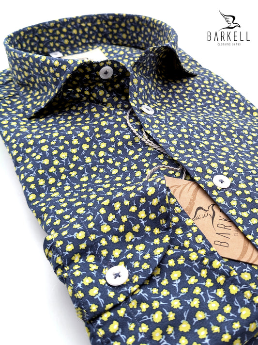 Camicia in Cotone Fantasia Fiorellini Celesti e Gialli Fondo Petrolio Collo Francese Piccolo