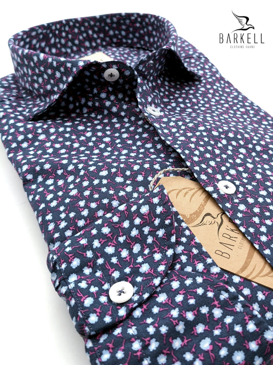Camicia in Cotone Fantasia Fiorellini Celesti e Fuxia Fondo Blu Collo Francese Piccolo